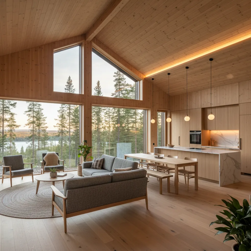 Interior de casa de madera con salón y cocina en espacio abierto