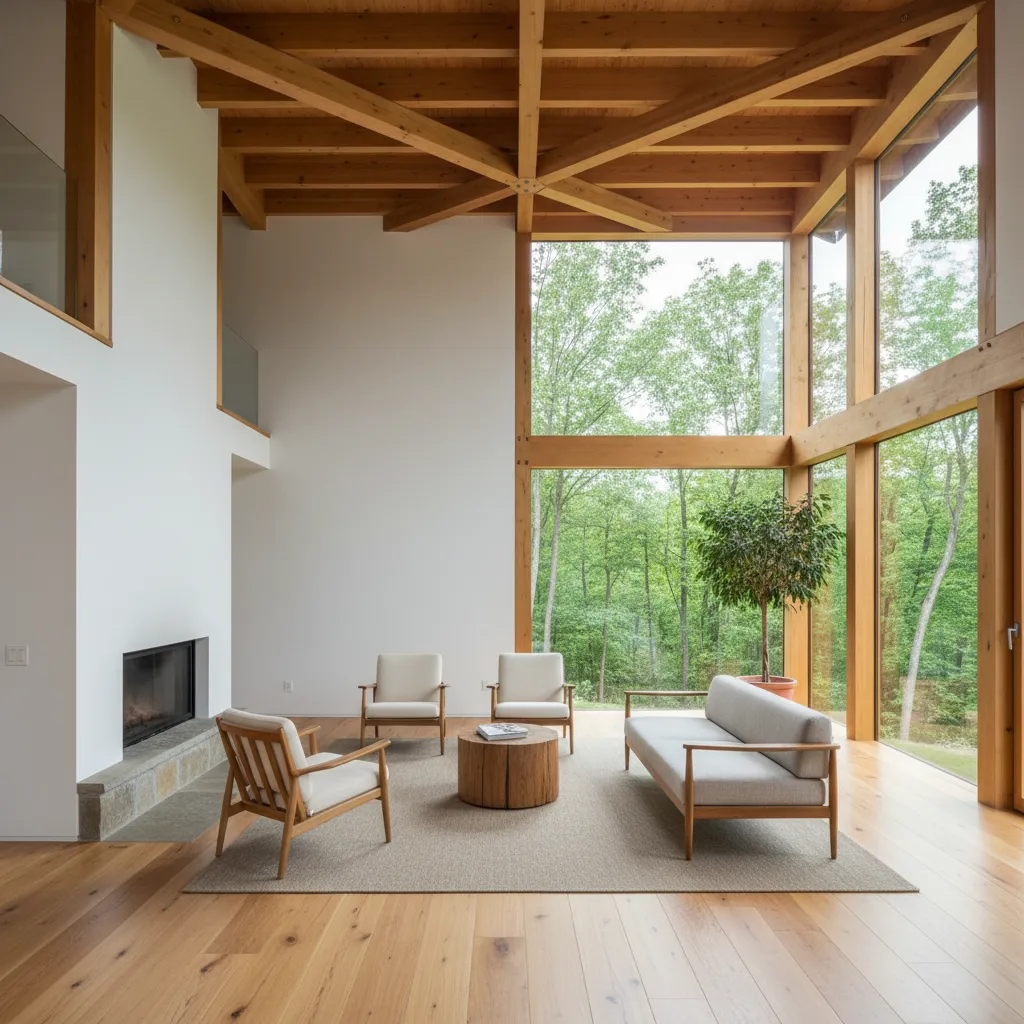 Interior de casa de madera con paredes claras y vigas visibles
