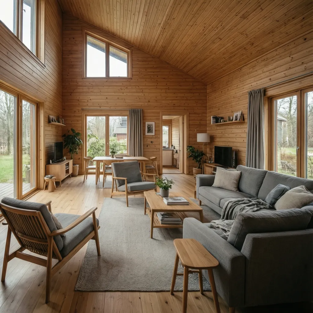 Interior minimalista de casa de madera con salón abierto