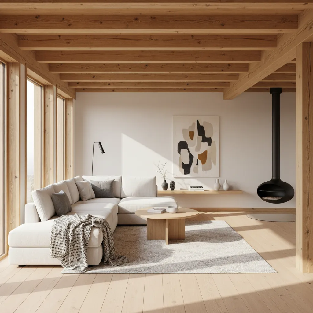 Interior moderno de una casa de madera con diseño escandinavo