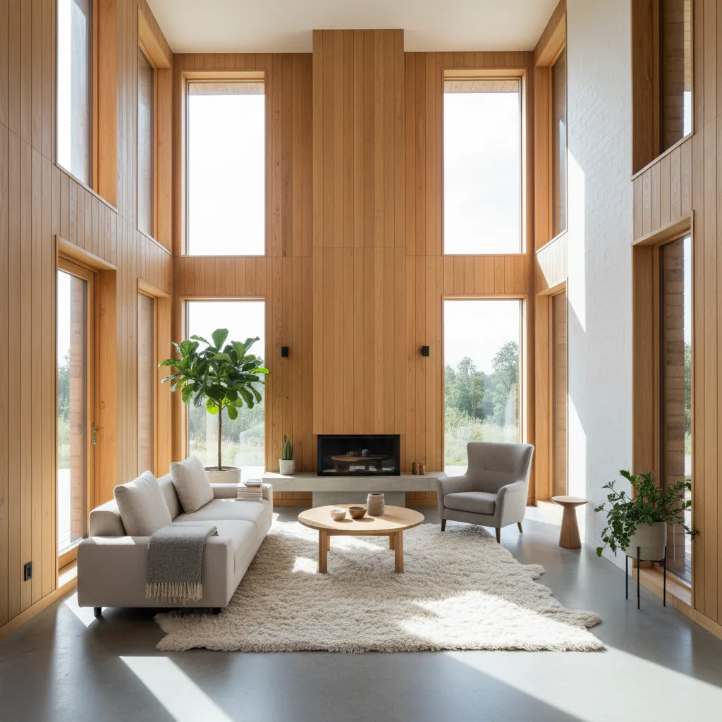 Interior moderno de casa de madera con luz natural y diseño minimalista
