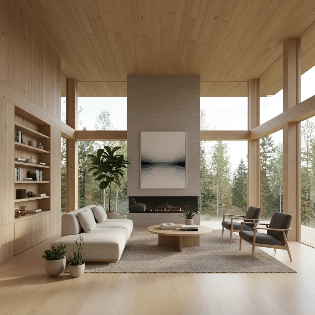 Interior luminoso de una casa moderna de madera
