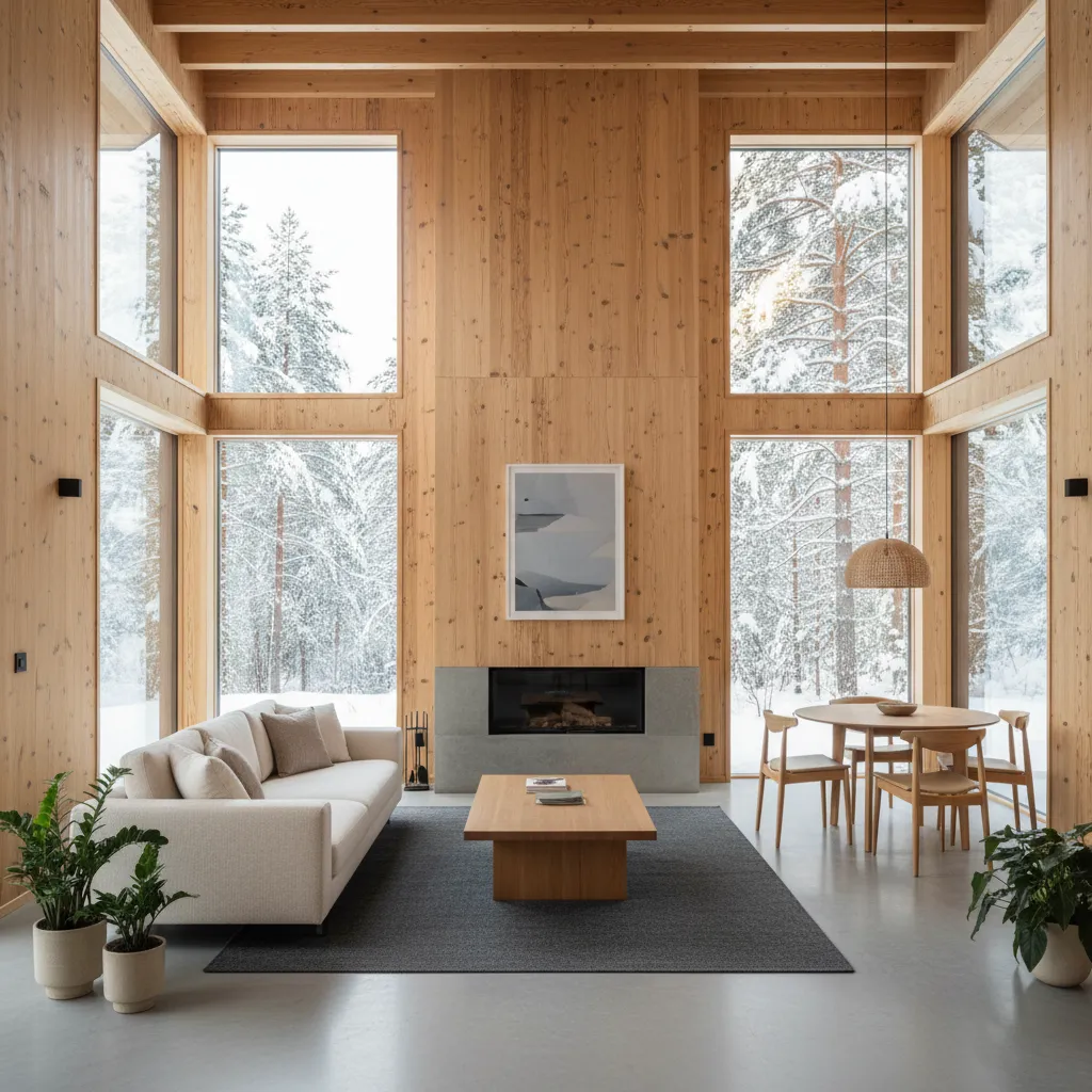 Modern wooden living room with white sofa, fireplace, dining table, and windows showing snowy forest.