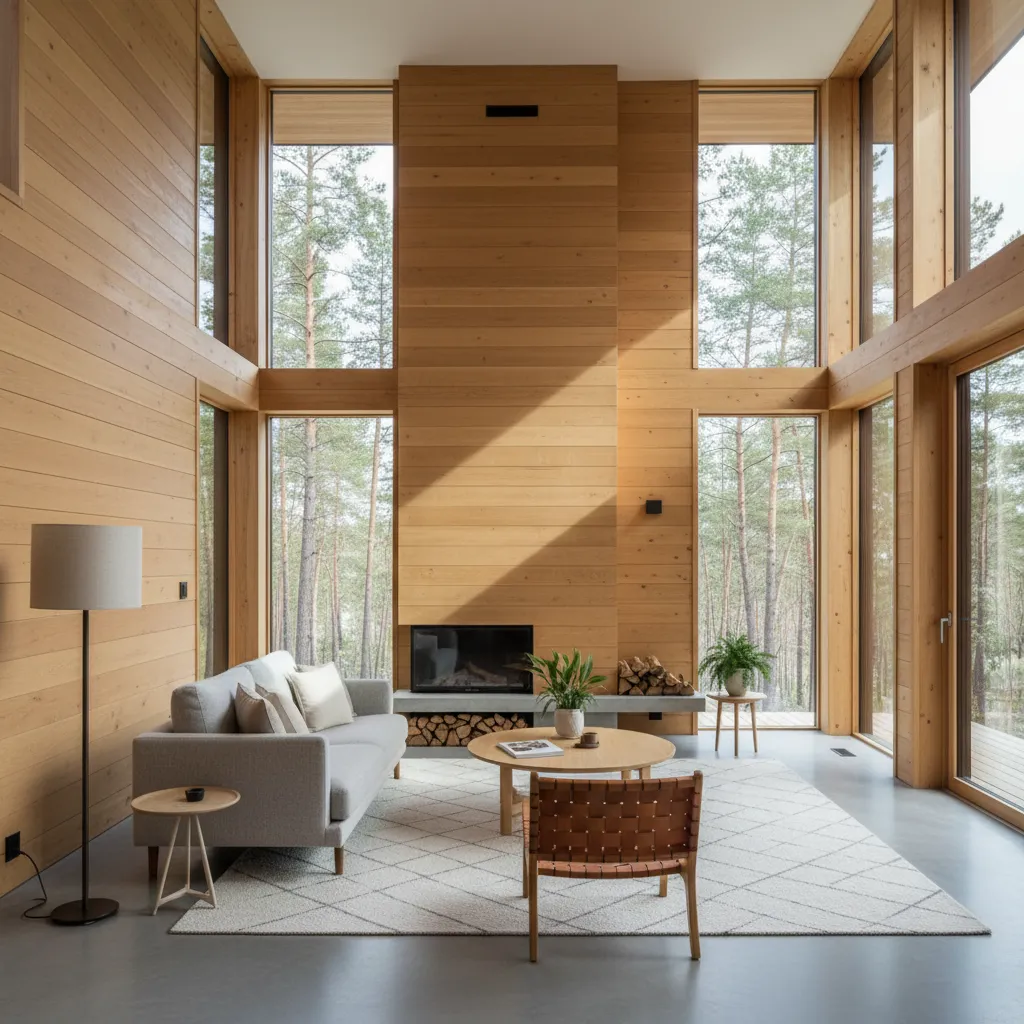 interior moderno de casa de madera con grandes ventanales