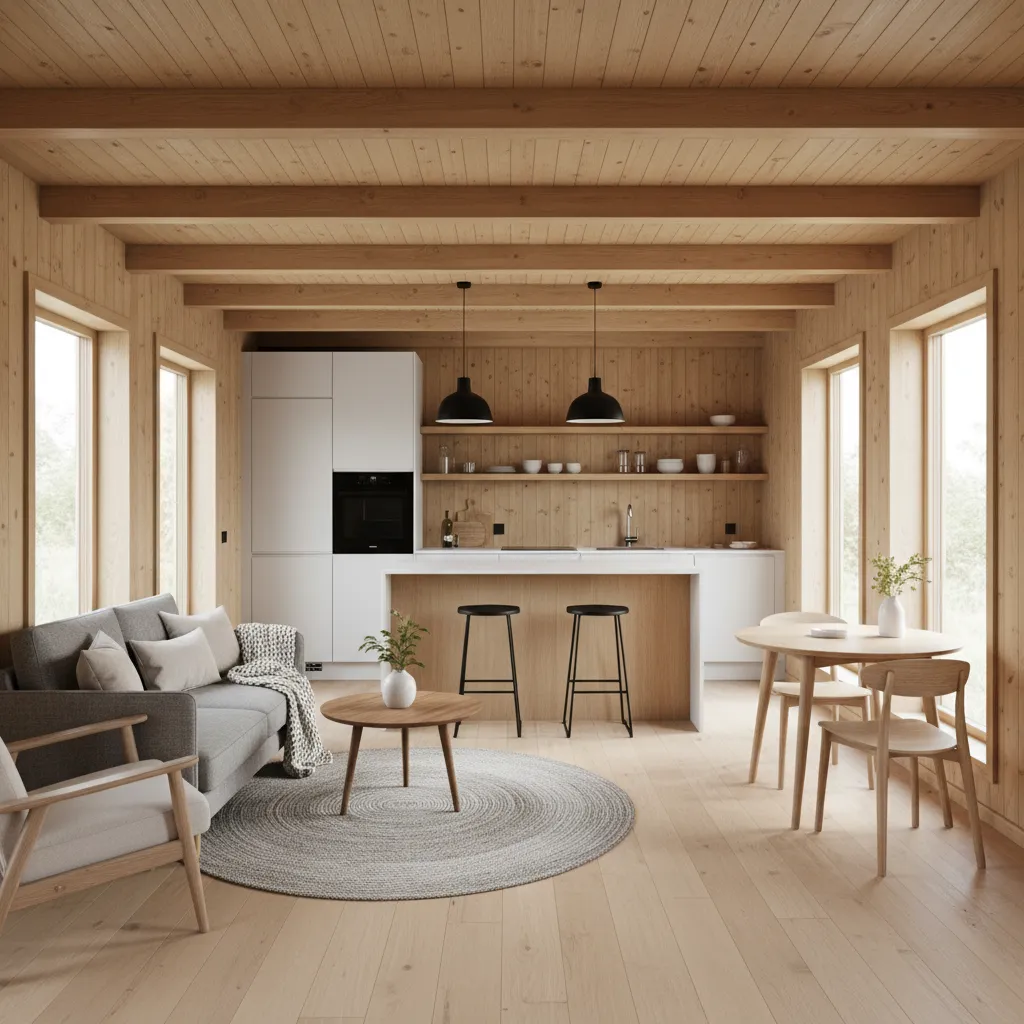 interior abierto de casa de madera pequeña con cocina y salón integrados