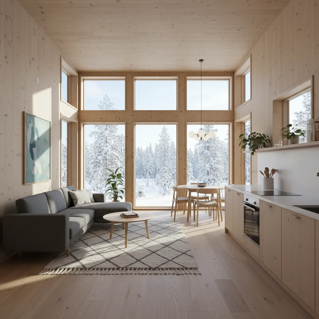 Interior de una casa pequeña de madera con sala abierta y mucha luz natural