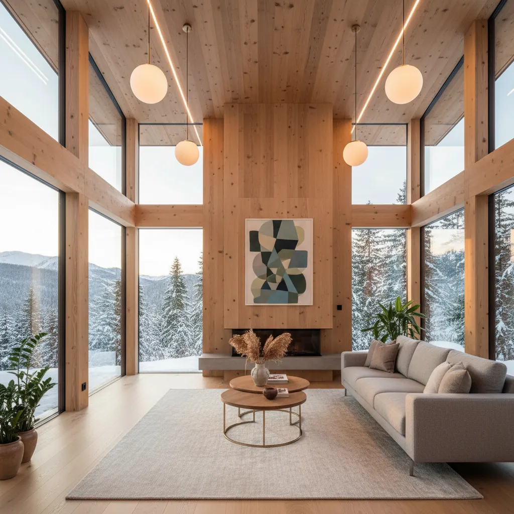 Interior de salón moderno en casa de madera con grandes ventanas