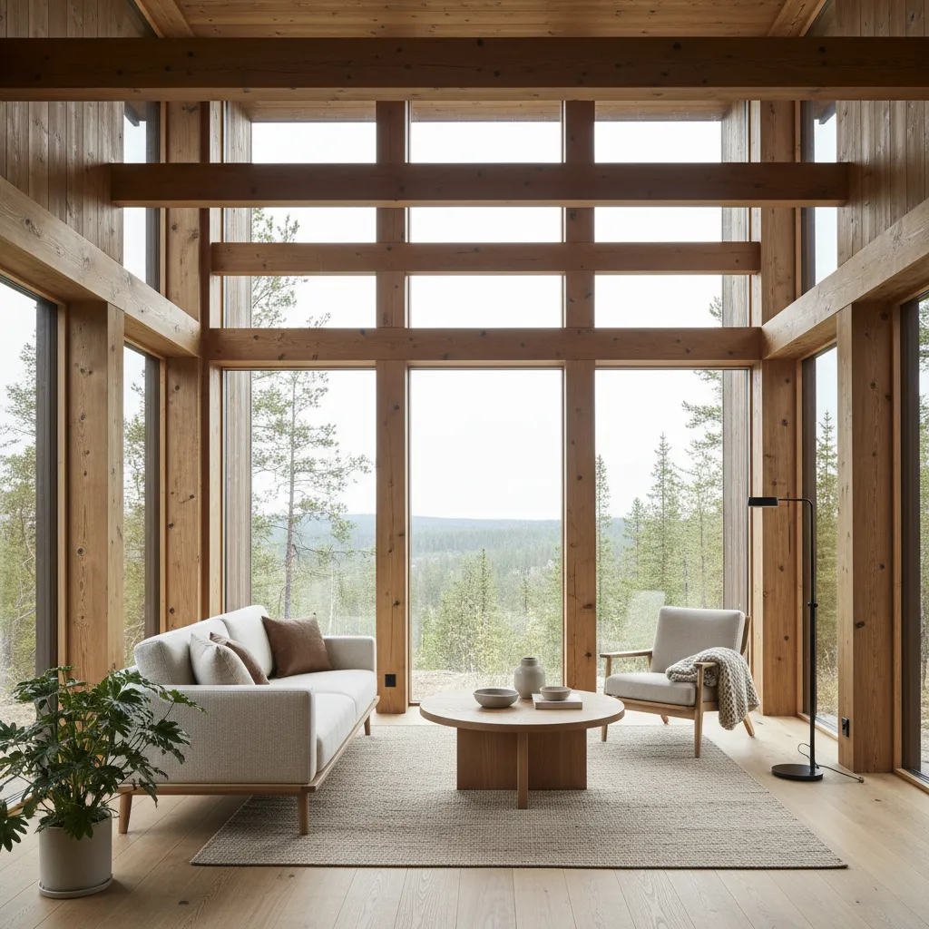 Interior de salón en casa de madera con vigas visibles y grandes ventanales