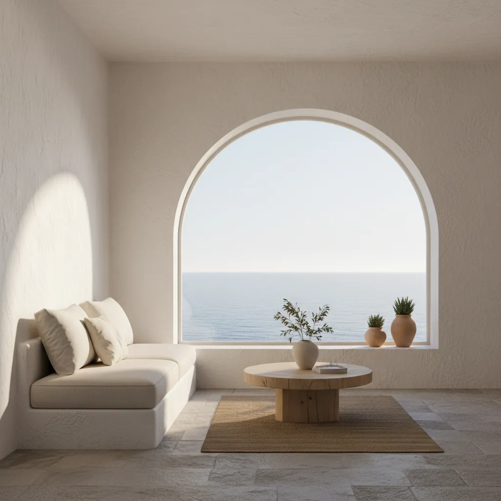 Interior minimalista mediterráneo con paredes blancas y vistas al mar