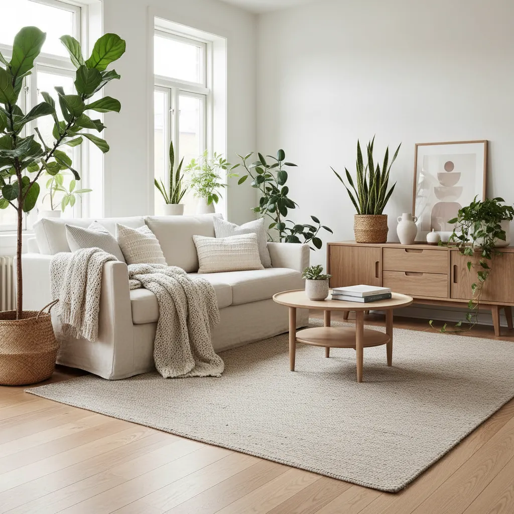Interior minimalista con planta natural y decoración ligera
