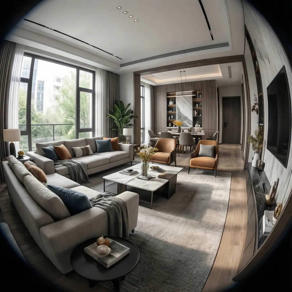 Interior de casa visualizado en modelo 3D con muebles
