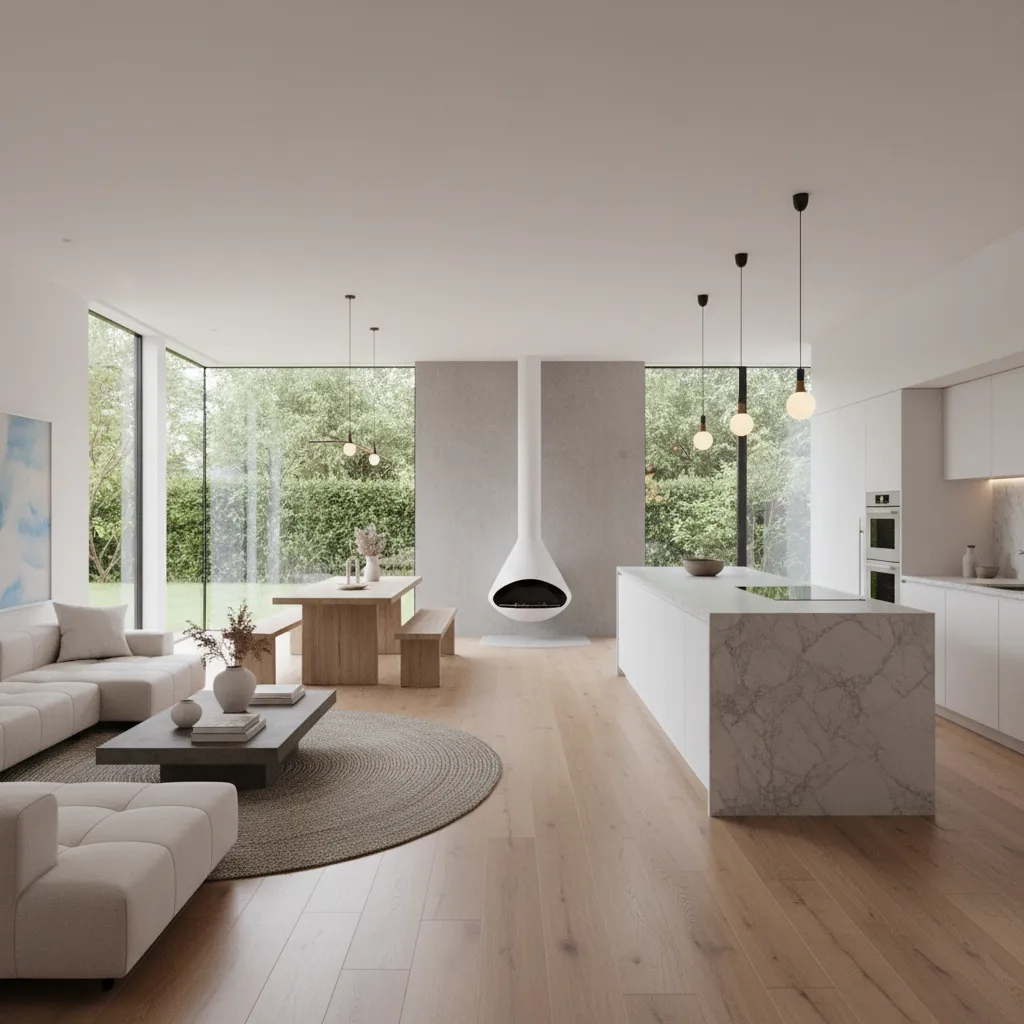 Interior de casa moderna con cocina y salón integrados