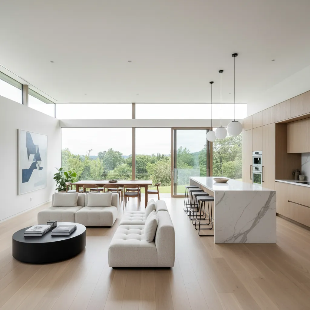 Modern open plan living room featuring white sofas marble kitchen island globe ceiling lights and windows
