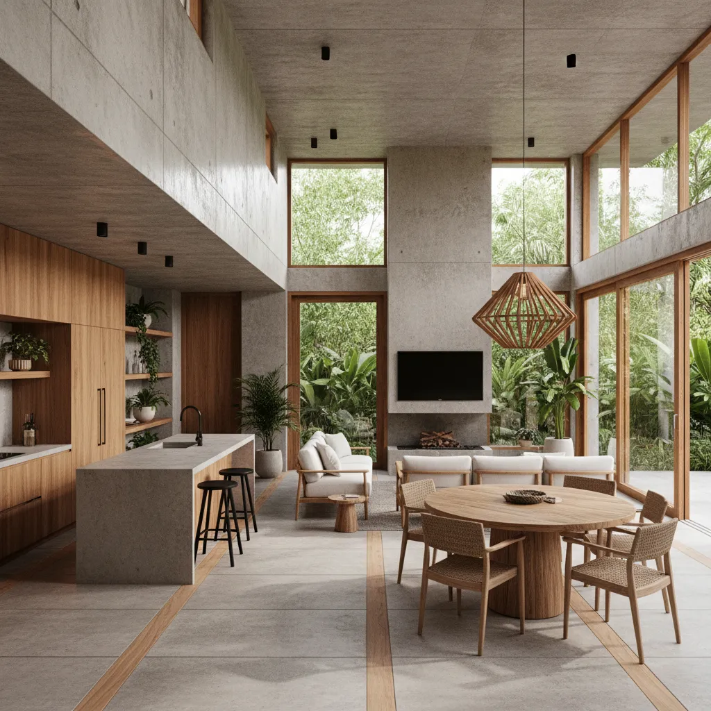 Interior de casa moderna con sala comedor y cocina integrados