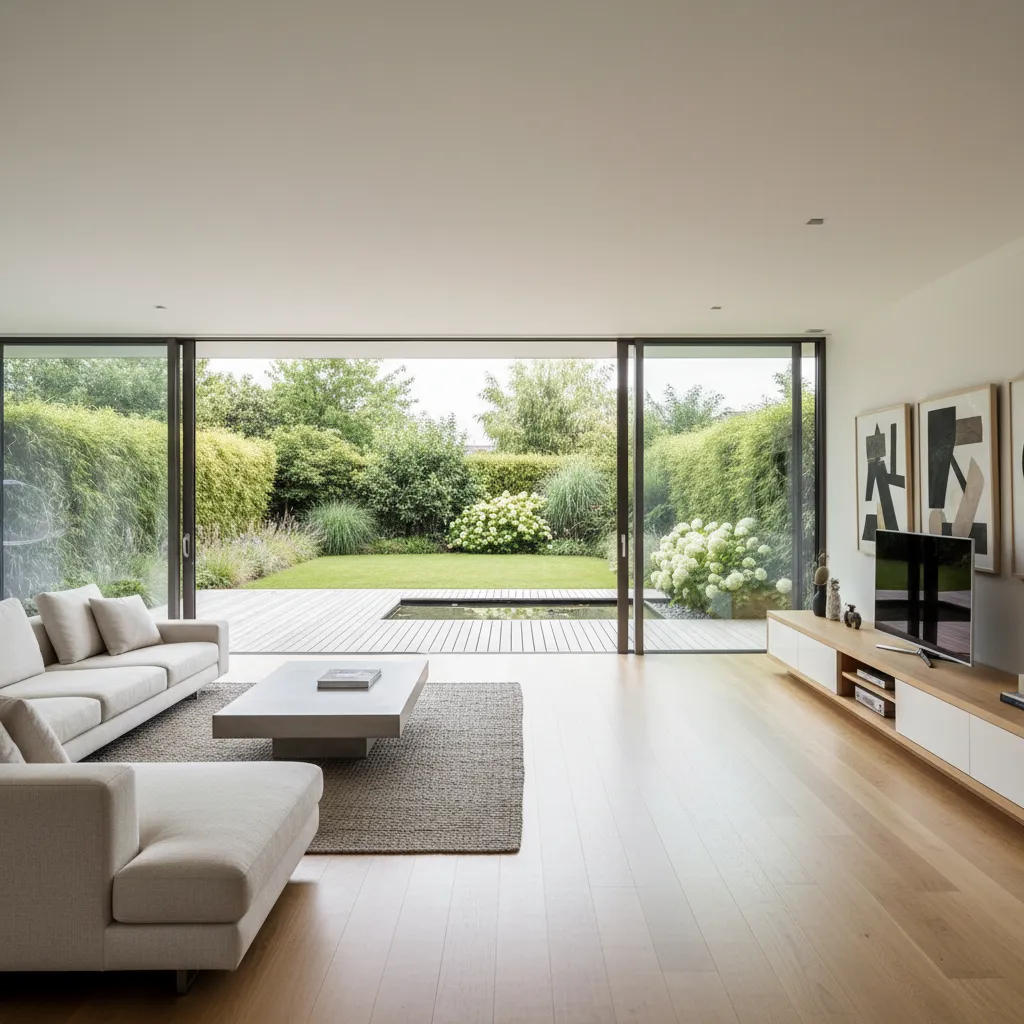 Salón moderno conectado con el jardín mediante grandes ventanales