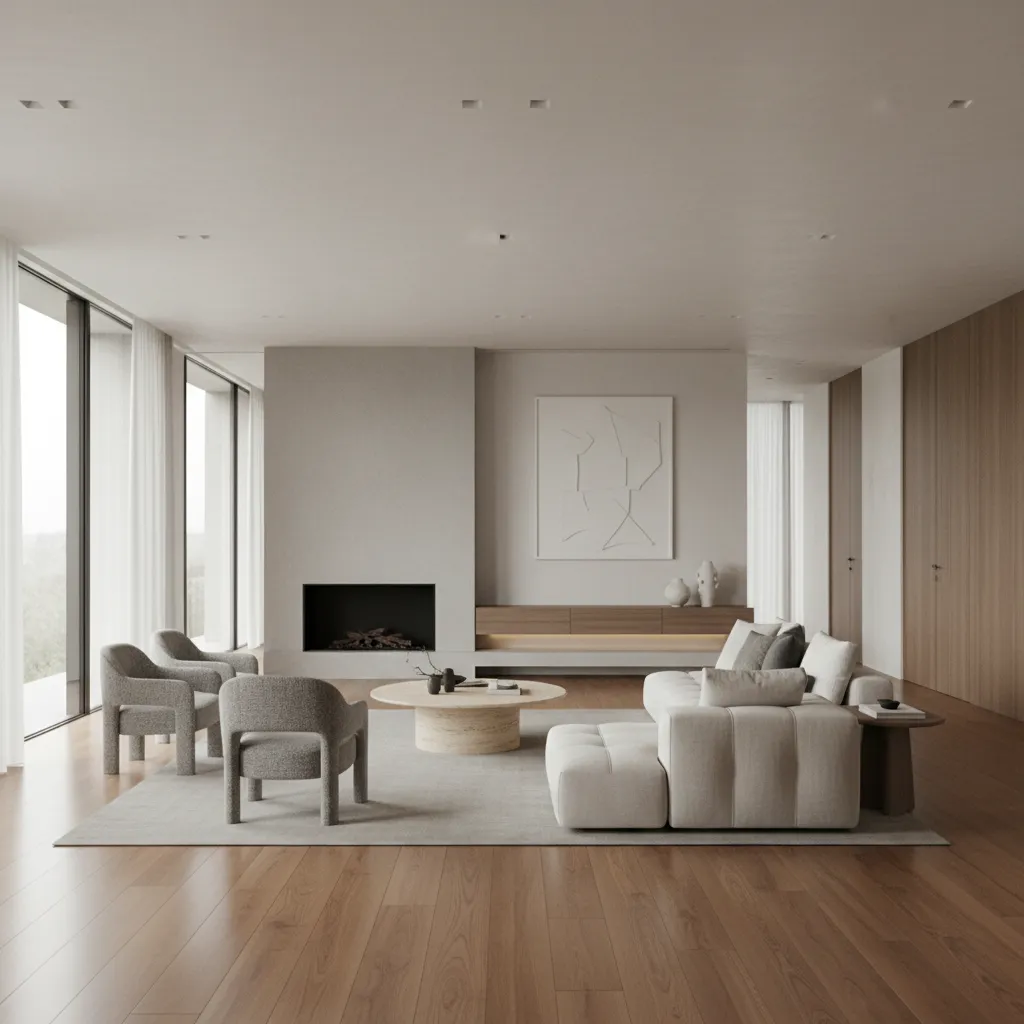 Minimalist living room featuring fireplace, modular sofa, grey armchairs, round coffee table and wood floors