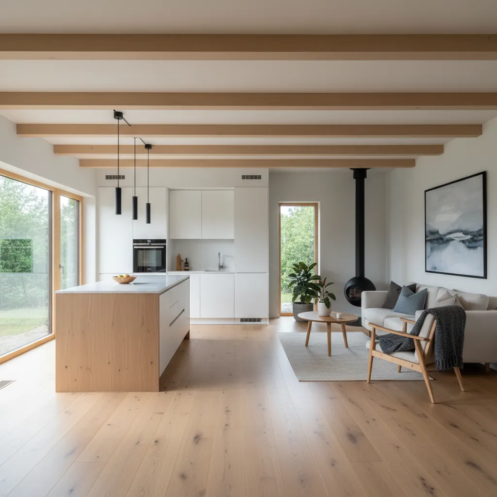 Interior de casa moderna pequeña con cocina abierta y salón integrado