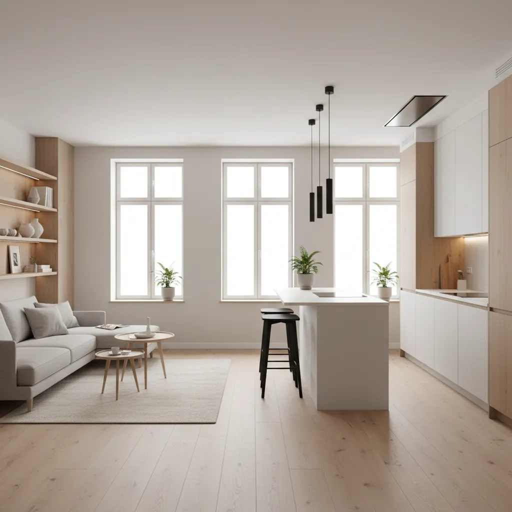 Interior de una casa moderna pequeña con salón y cocina abierta