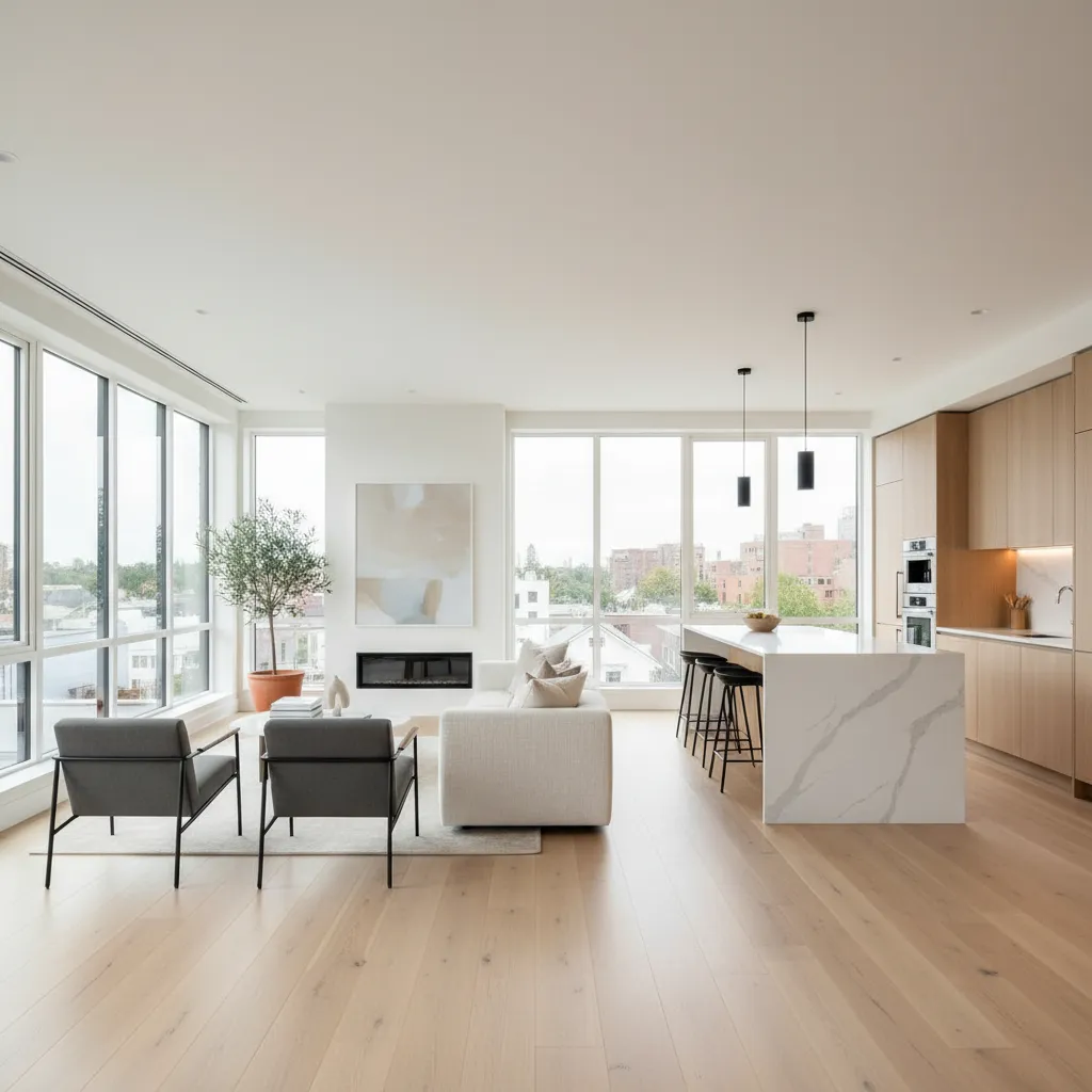 Modern living room with white sofa grey chairs marble kitchen island and wood floor design
