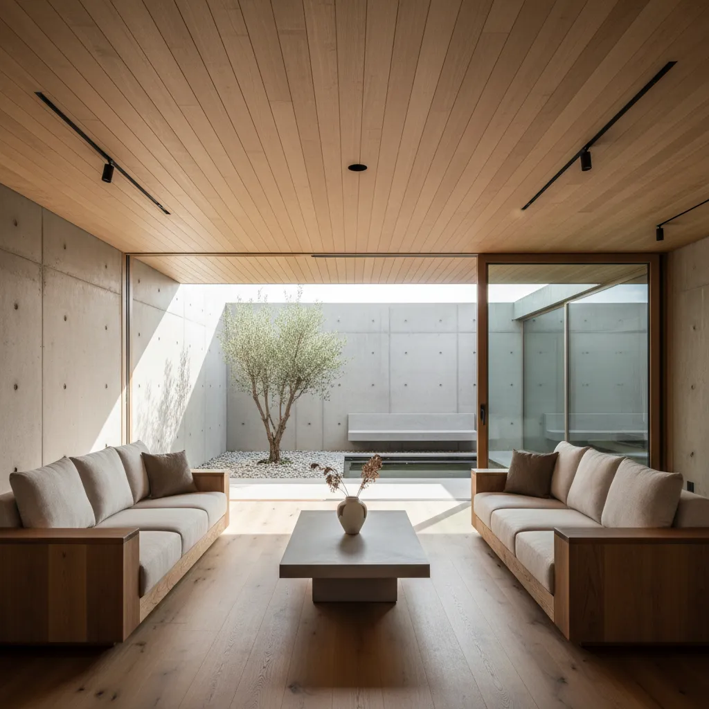 Modern living room featuring two beige sofas wood ceiling concrete walls and large glass doors