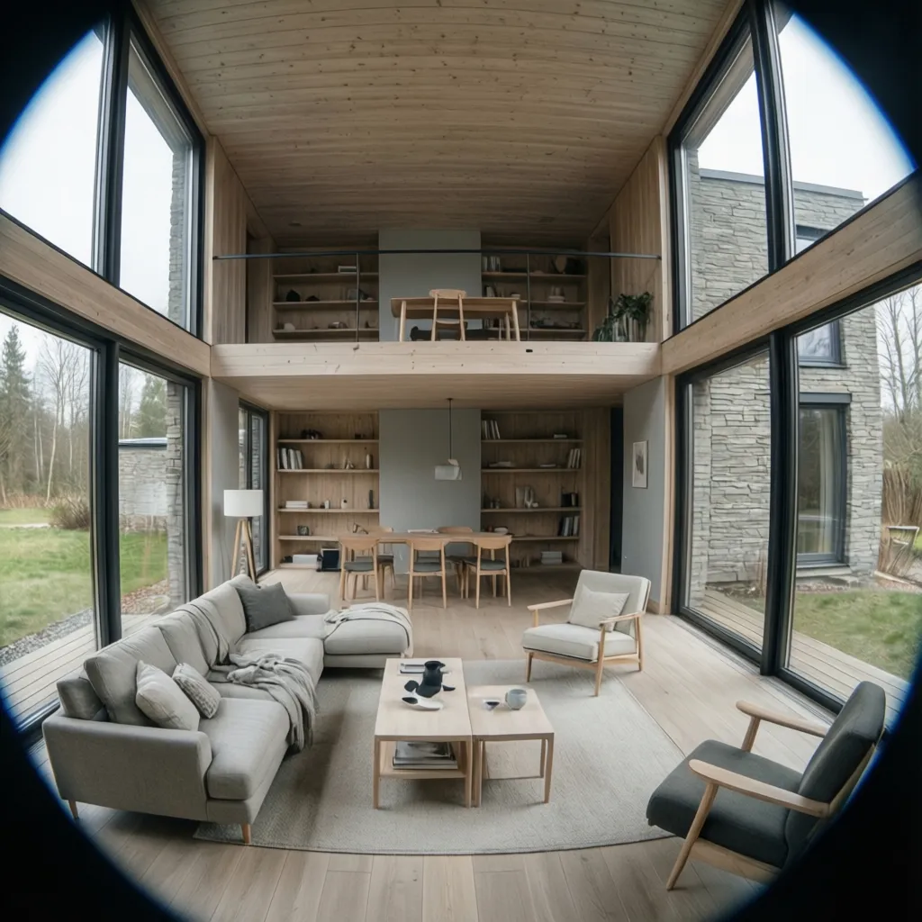 Interior minimalista de casa modular con mobiliario integrado