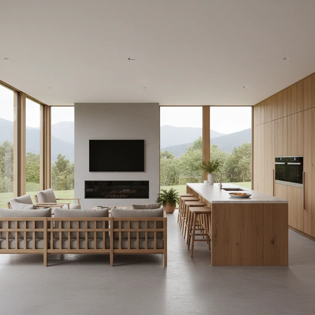 Modern open plan living room with wooden cabinets grey sofa and large windows showing mountains