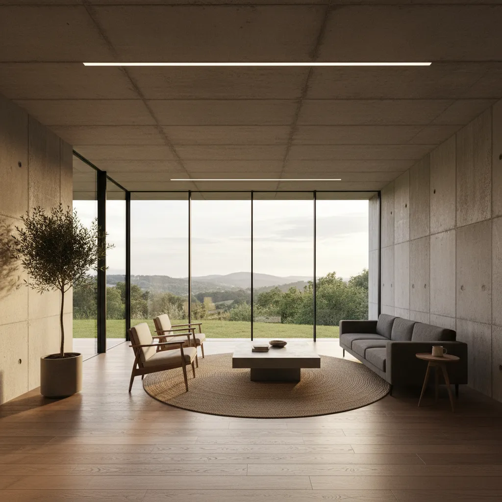 Interior moderno de casa modular con paredes de hormigón y madera