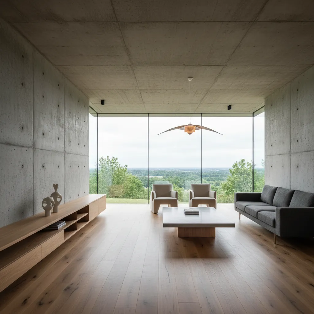 Interior moderno de casa modular con hormigón visto y madera