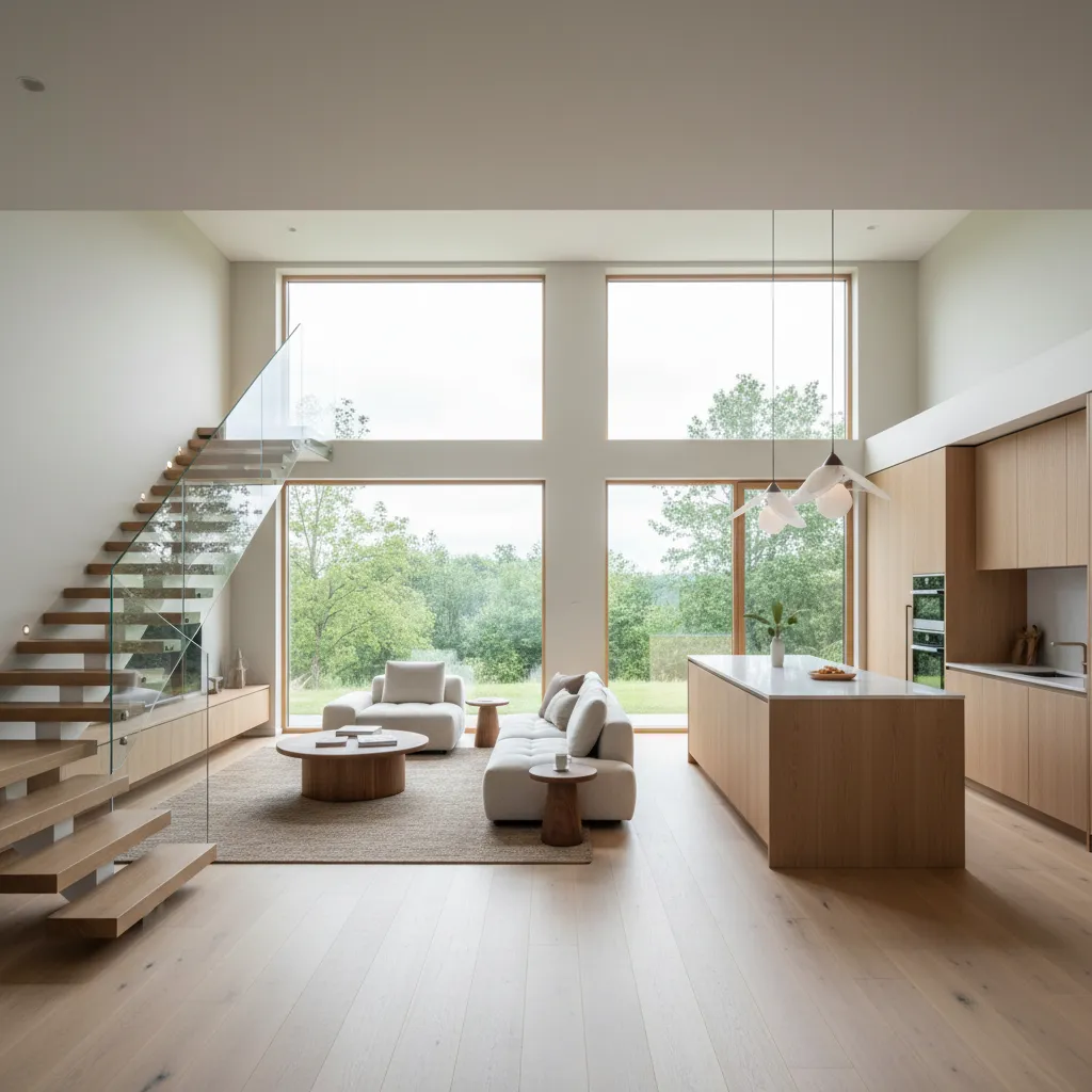 Interior moderno de una casa modular con sala abierta y escalera