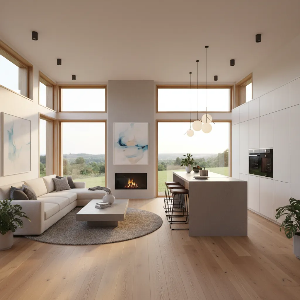 Interior de casa modular con salón y cocina abiertos
