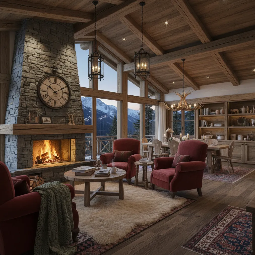 Interior de casa de montaña con madera y chimenea