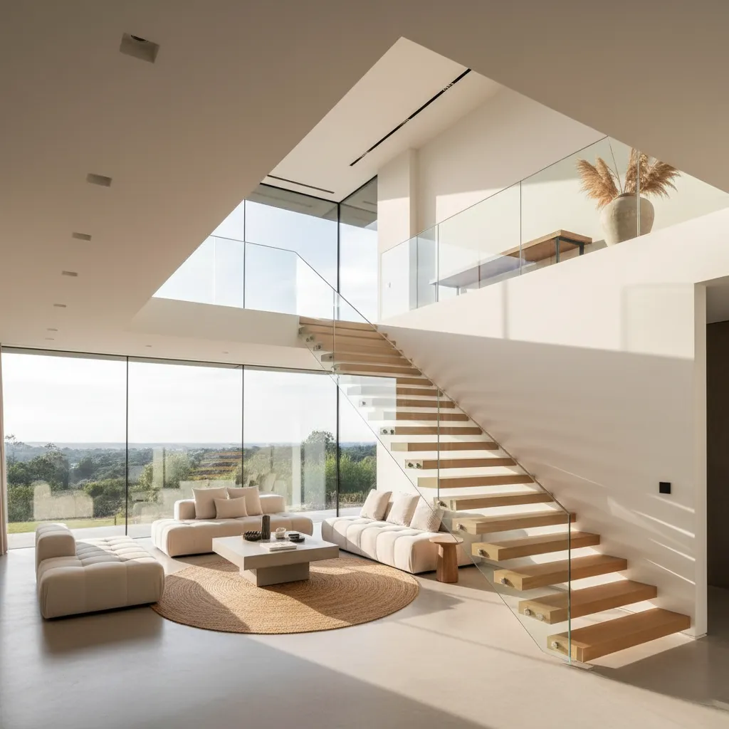 Modern living room featuring white sofas a round rug wooden stairs and large glass windows