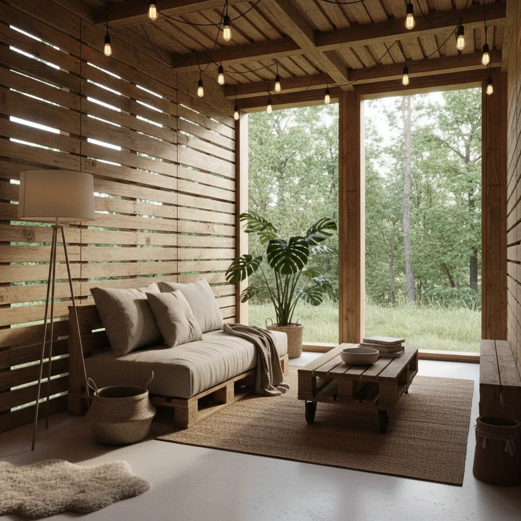 Cozy room with wooden pallet walls large windows sofa coffee table floor lamp and lights