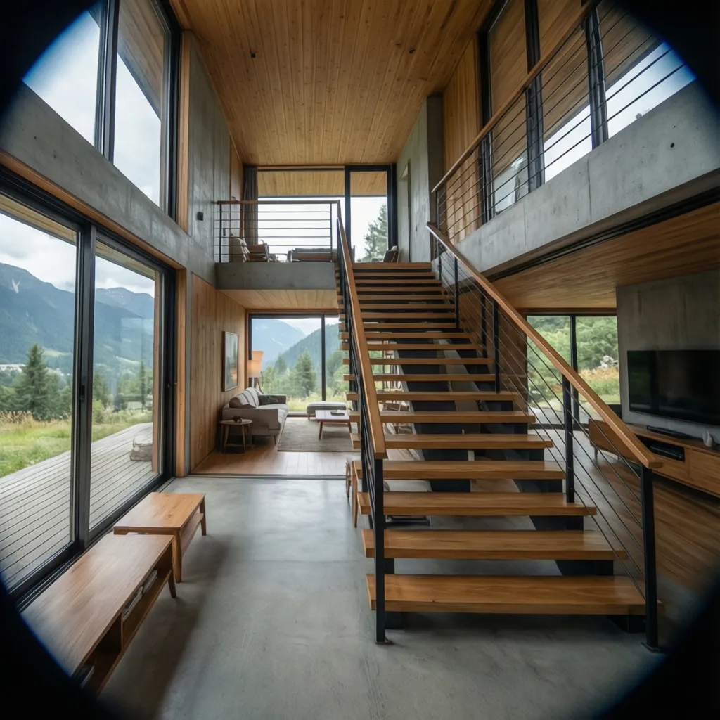 Interior room layout with wooden stairs concrete floor large windows and sofa looking at mountains