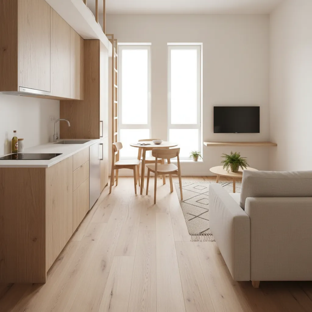 Interior de casa pequeña con cocina lineal y espacio abierto
