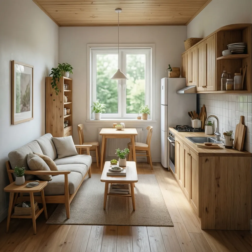 Interior de casa pequeña con sala y cocina abierta