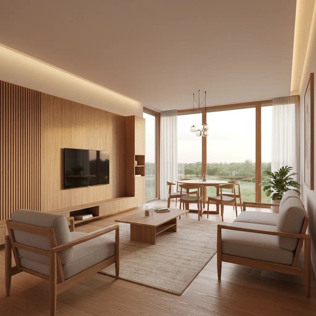 Modern living room featuring wooden wall panel TV sofa set coffee table and large windows