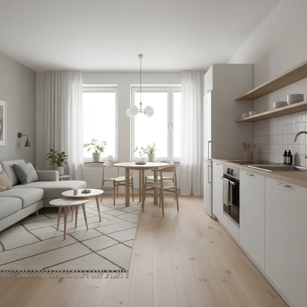 Interior de casa pequeña con sala comedor y cocina integrados