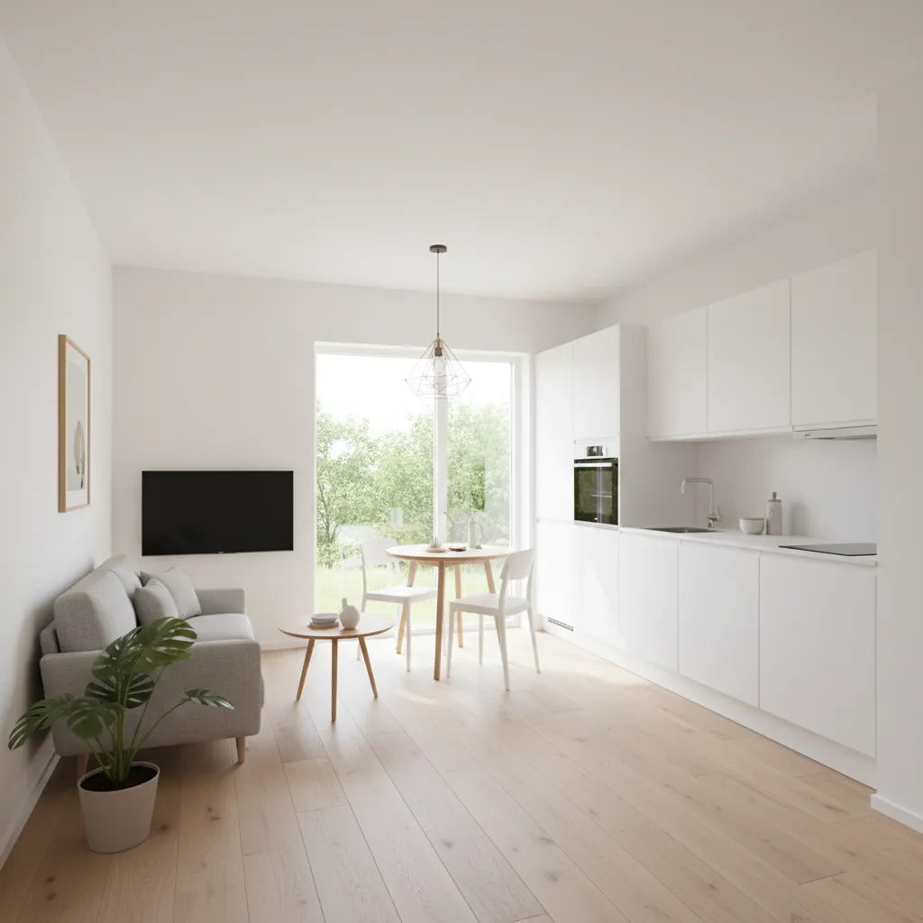 Modern white studio apartment with grey sofa wooden floor small dining table and white kitchen cabinets