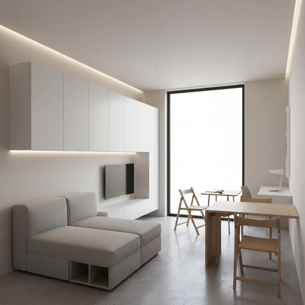 interior de casa pequena com móveis planejados e iluminação natural