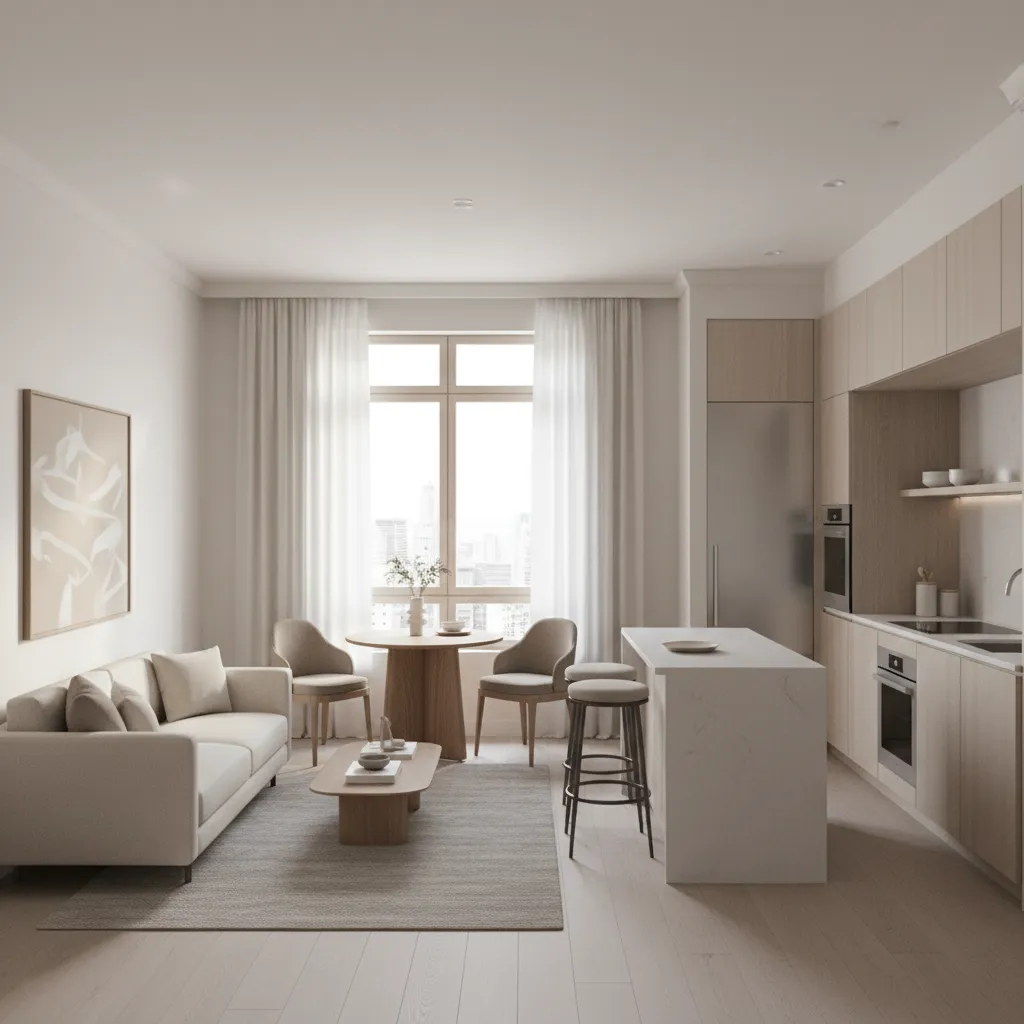 Plano visual de interior pequeño con zonas bien definidas