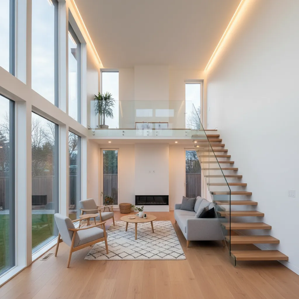 Modern living room with high ceilings, large windows, wooden stairs, grey sofa, and natural light