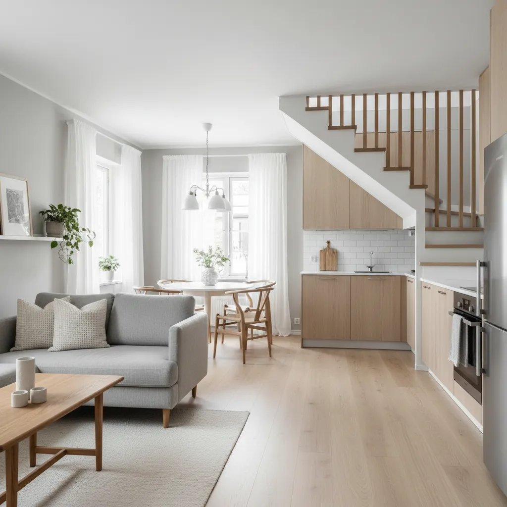 Interior de casa pequeña con escalera compacta y sala integrada