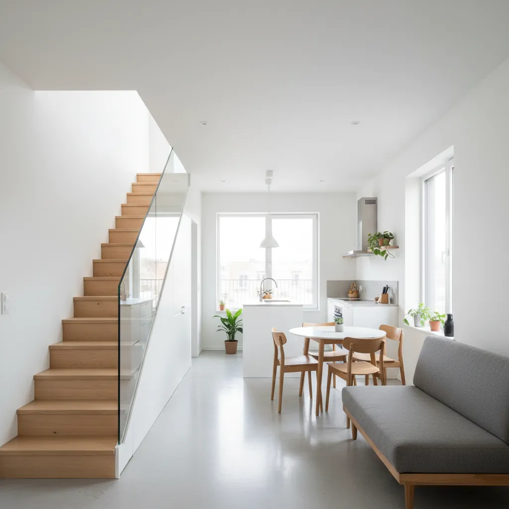 Interior de casa pequeña con escalera lateral y espacio abierto