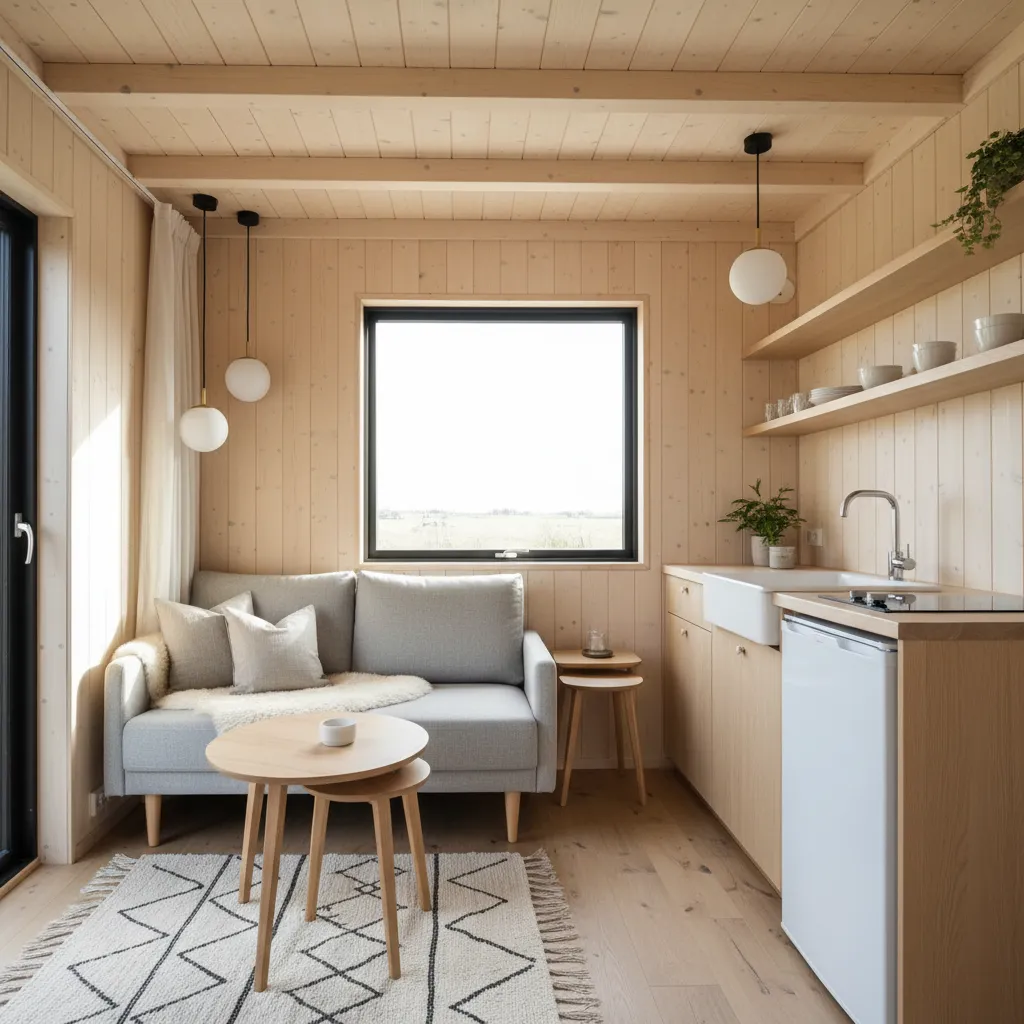 Interior de casa pequeña con sala y cocina abiertas