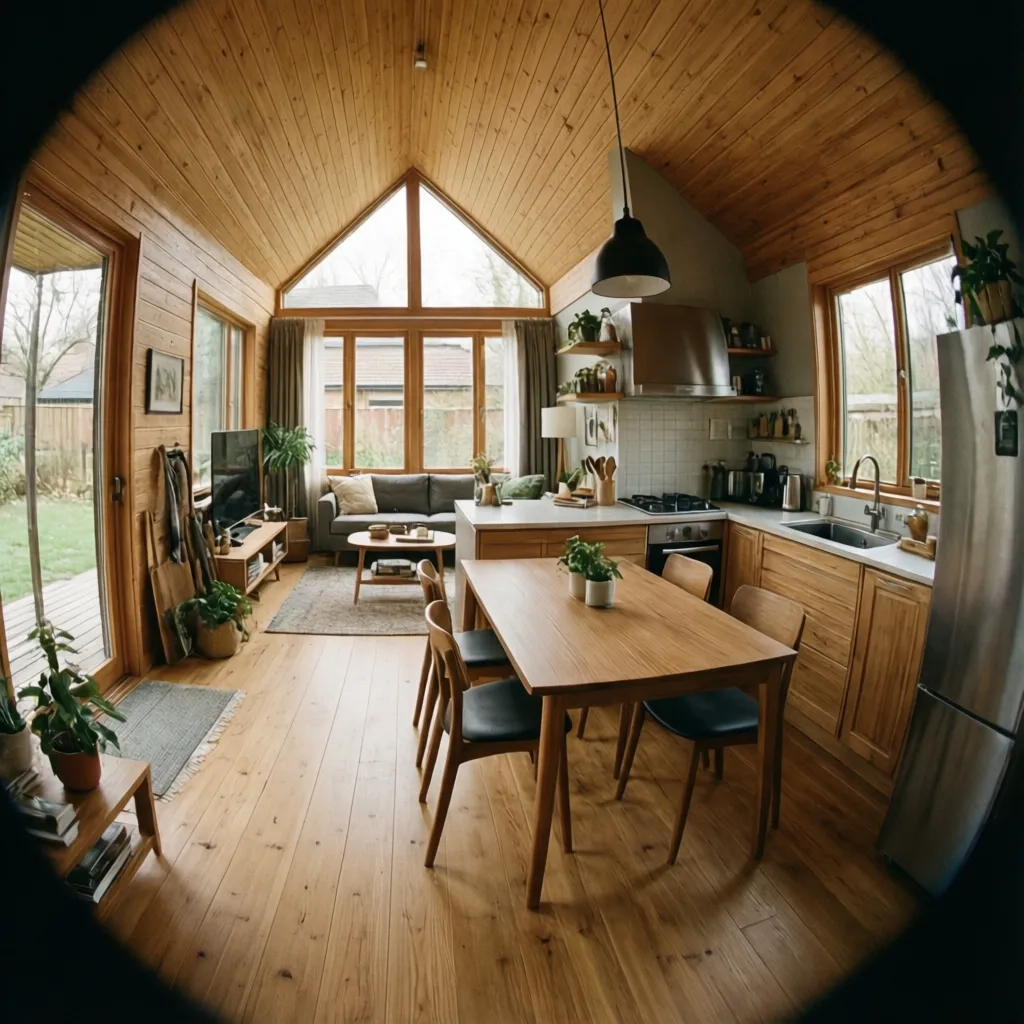 Interior de casa pequeña con cocina y sala integradas