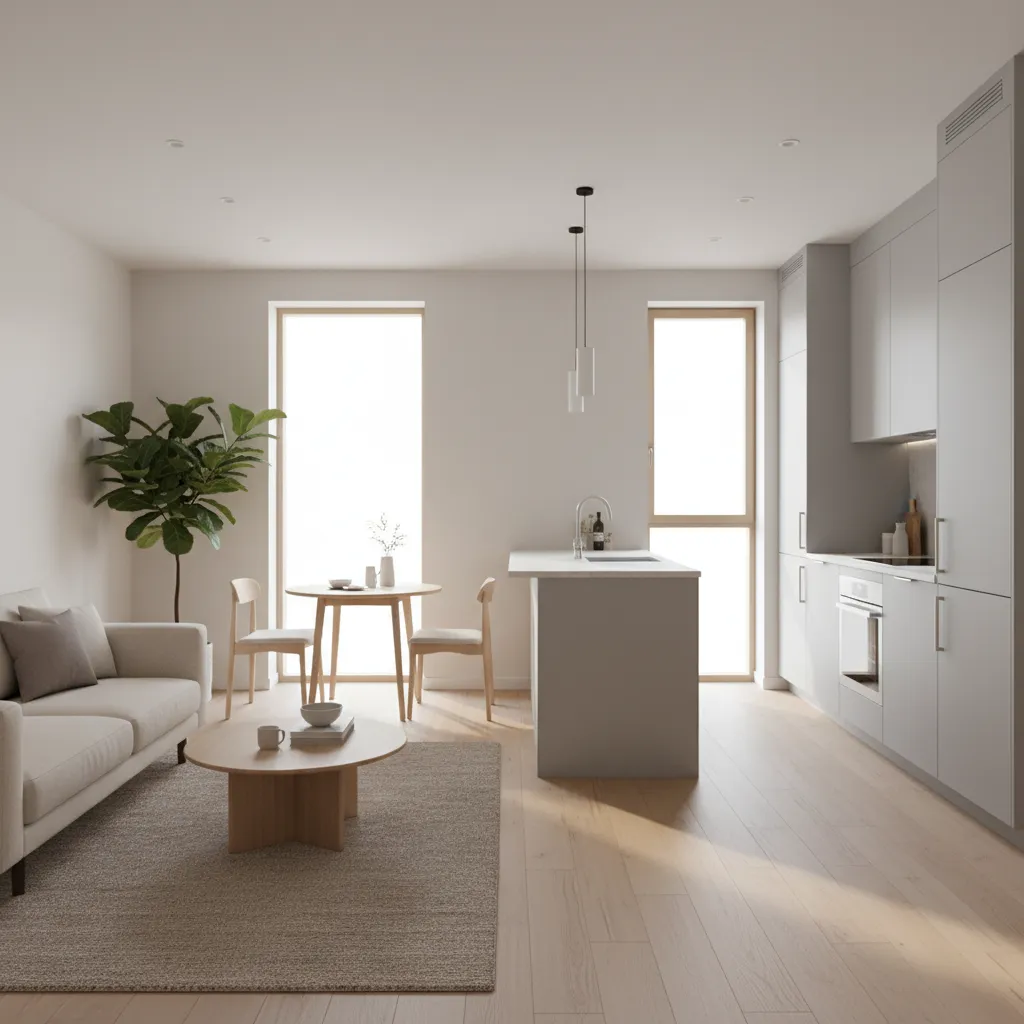 Interior de casa pequeña con salón y cocina abiertos