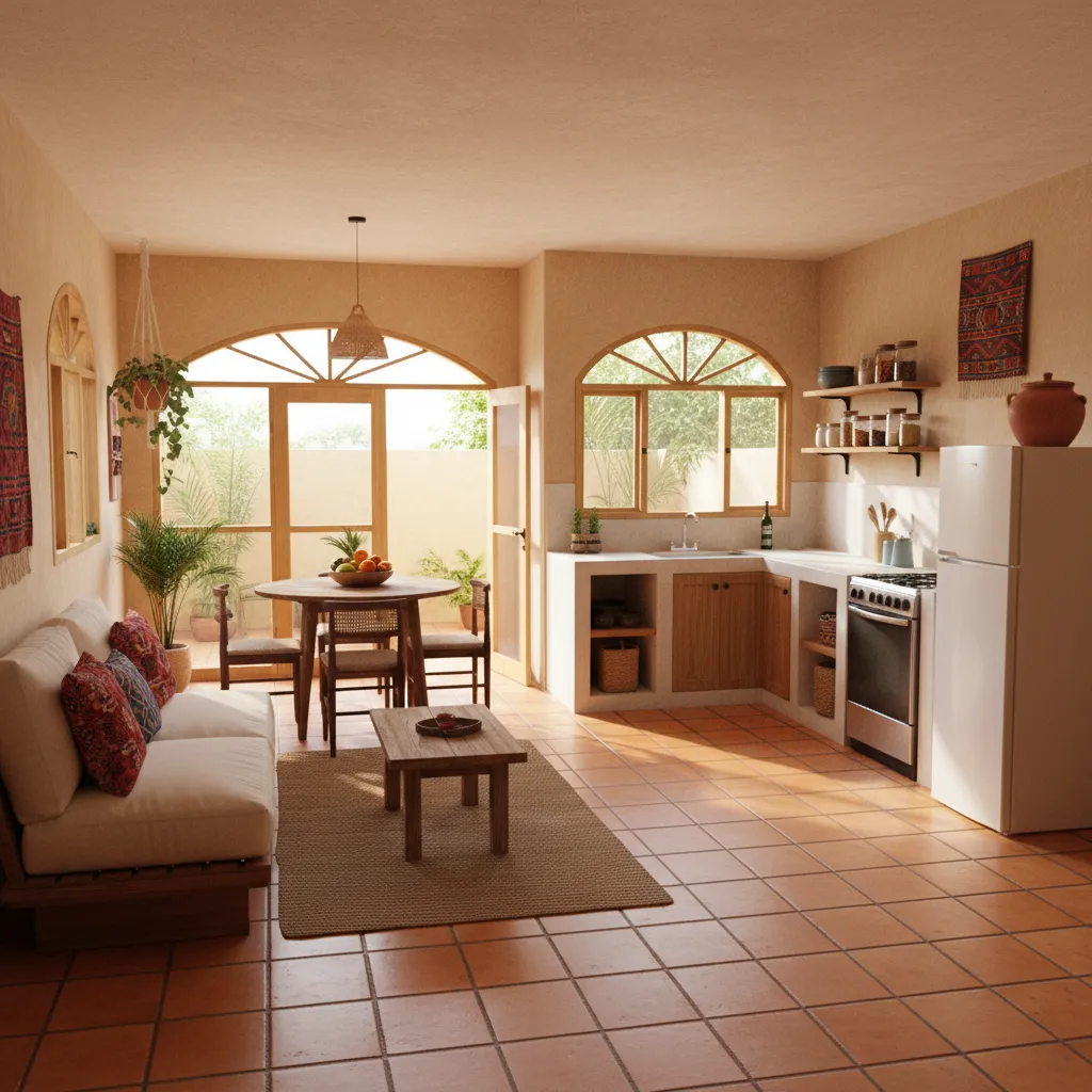 Interior de casa pequeña con sala comedor y cocina integrados