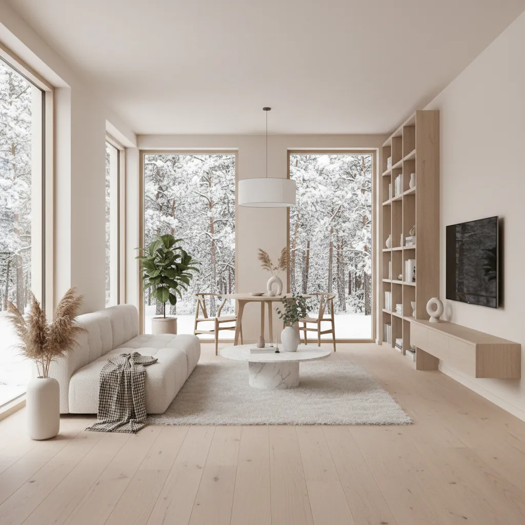 Bright minimalist living room with white sofa wooden floor and windows showing a snowy forest view