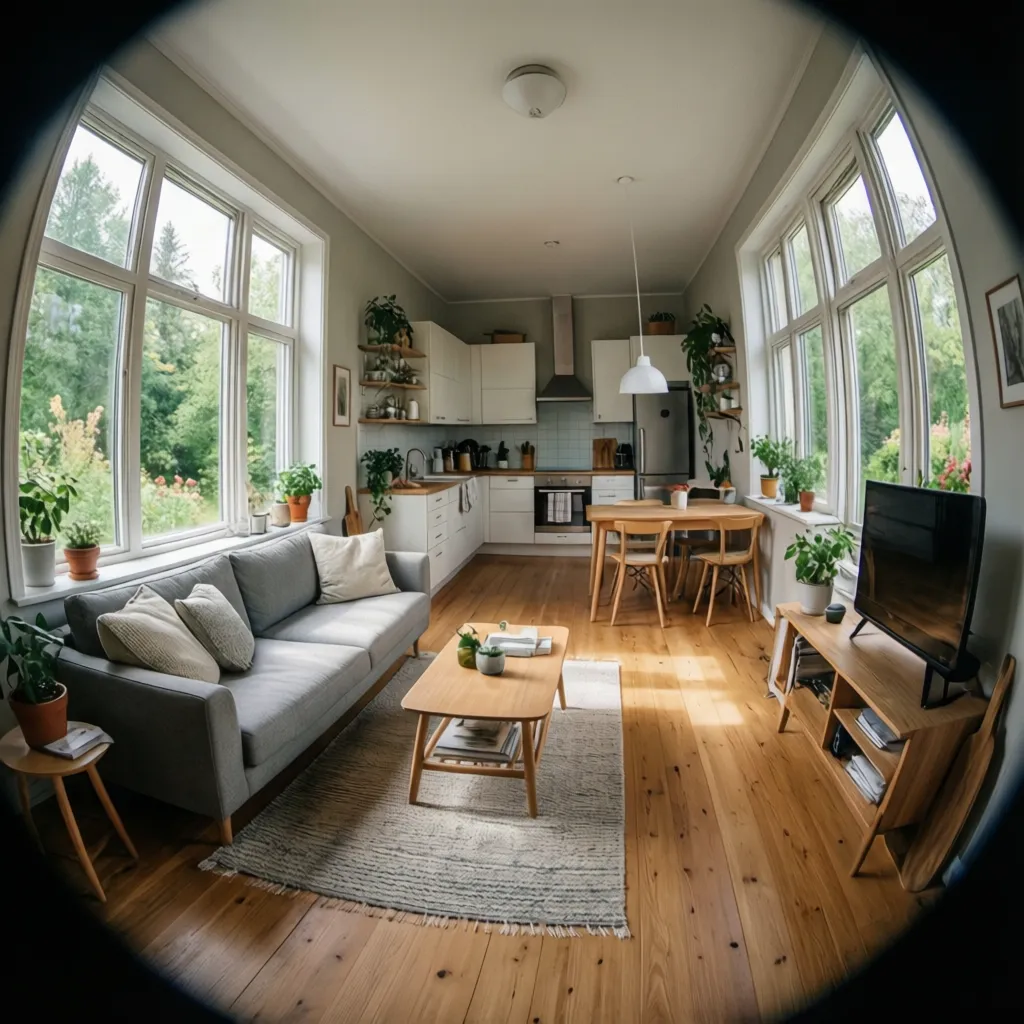 Interior de casa pequeña con sala y cocina abierta muy luminosa